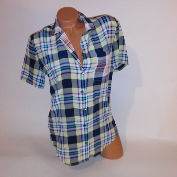 Equipment Femme Button Front Shirt XS Plaid Yellow Blue Short Sleeve 100% Silk B - Picture 1 of 9